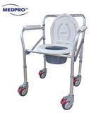 Anti-Rust Aluminium Alloy Foldable, Portable & Adjustable Mobile Commode Chair with 4 Wheels & 4 Brakes / Locks