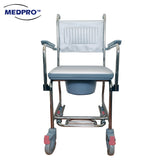 MEDPRO™ Anti-Rust Luxe Aluminium Commode Chair with Flip-Up Armrest, Foot Rest & 4 Brakes with PVC Cushion
