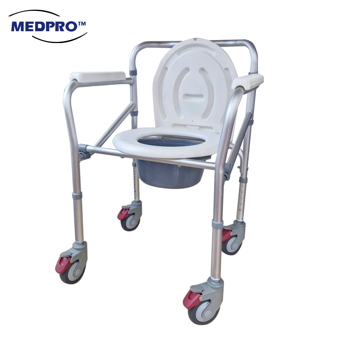 Anti Rust Aluminium Alloy Foldable Portable Adjustable Mobile Commode Chair with 4 Wheels 4 Brakes Locks