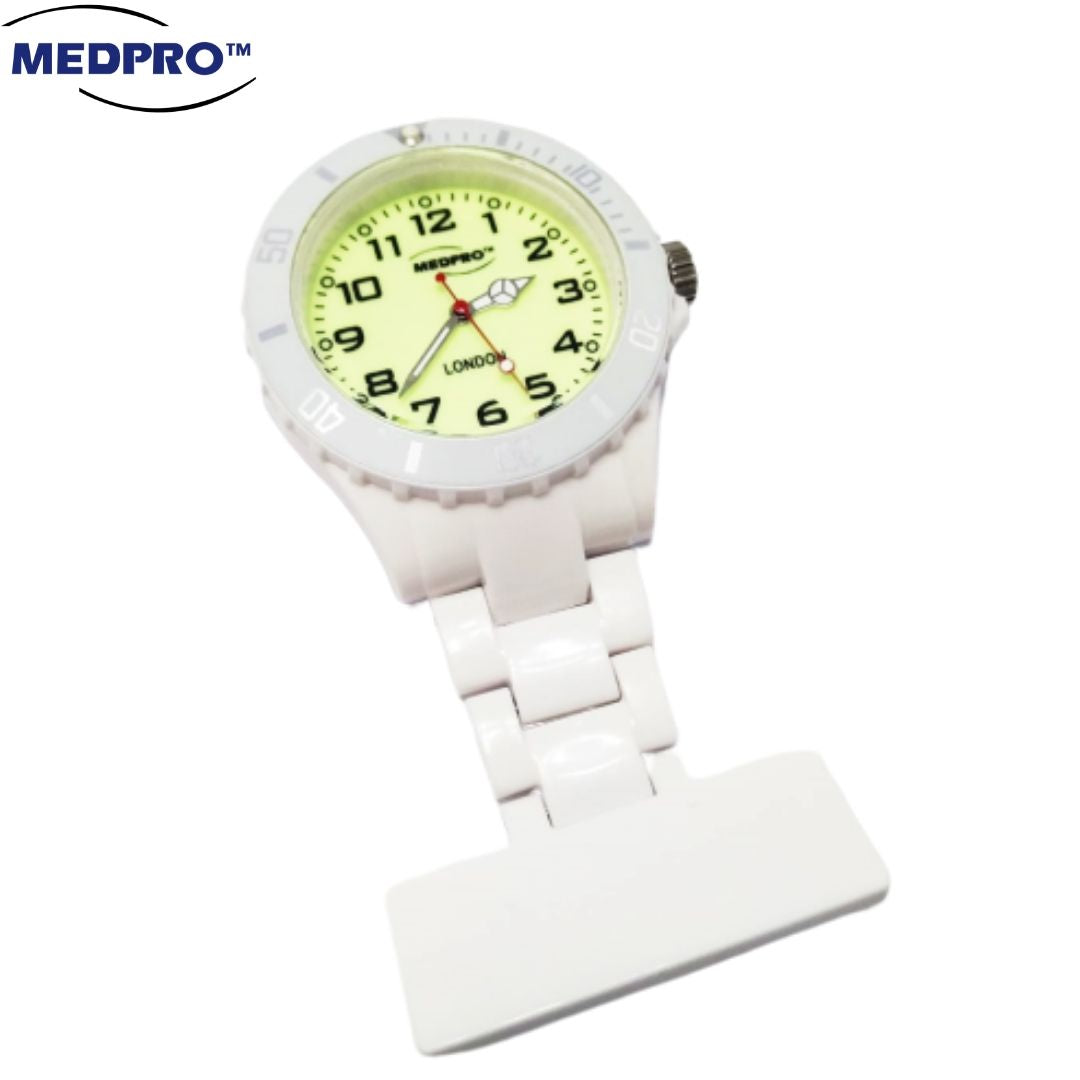 MEDPRO Pure White Nurse Brooch Watch With Luminous Watch Face