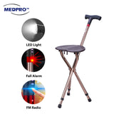 [NEW!] MEDPRO™ Foldable Seat Cane with FM Radio, Night Light, Emergency Alarm & Adjustable Height Seat