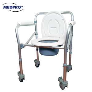 Anti-Rust Aluminium Alloy Foldable, Portable & Adjustable Mobile Commode Chair with 4 Wheels & 4 Brakes / Locks - MEDPRO™ Medical Supplies