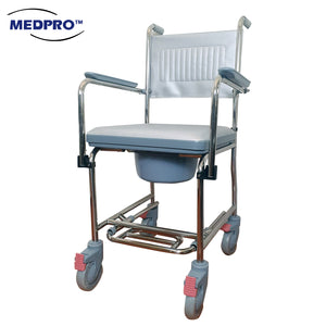 MEDPRO™ Anti-Rust Luxe Aluminium Commode Chair with Flip-Up Armrest, Foot Rest & 4 Brakes with PVC Cushion