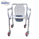 Anti-Rust Aluminium Alloy Foldable, Portable & Adjustable Mobile Commode Chair with 4 Wheels & 4 Brakes / Locks