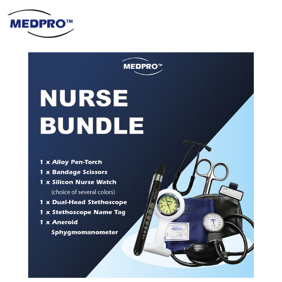 MEDPRO™ Nurse Bundle: USB PenTorch + Nurse Brooch Watch (Choice of 4 colours) + Nursing Scissors with Clip Holder + Dual-Head Stethoscope + Aneroid Blood Pressure Set / Sphygmomanometer