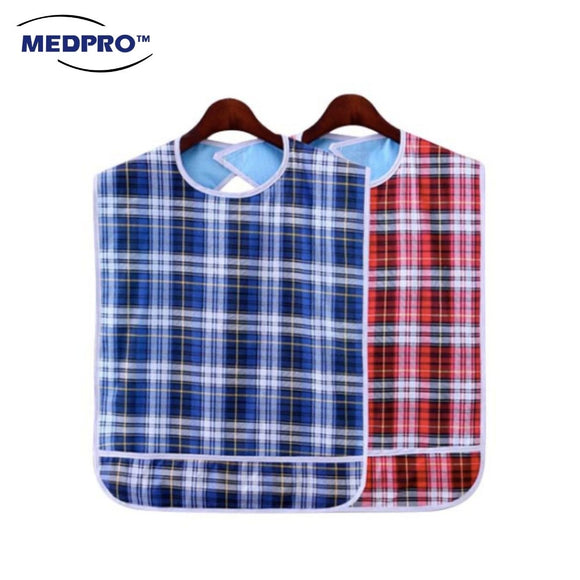 MEDPRO™ Adult Bib with Pocket 45cm x 75cm in Plaid Blue/Red (Waterproof & Reusable!)