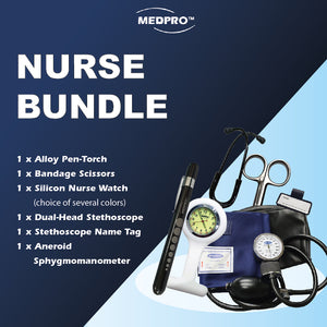 MEDPRO™ Nurse Bundle: USB PenTorch + Nurse Brooch Watch (Choice of 4 colours) + Nursing Scissors with Clip Holder + Dual-Head Stethoscope + Aneroid Blood Pressure Set / Sphygmomanometer - MEDPRO™ Medical Supplies