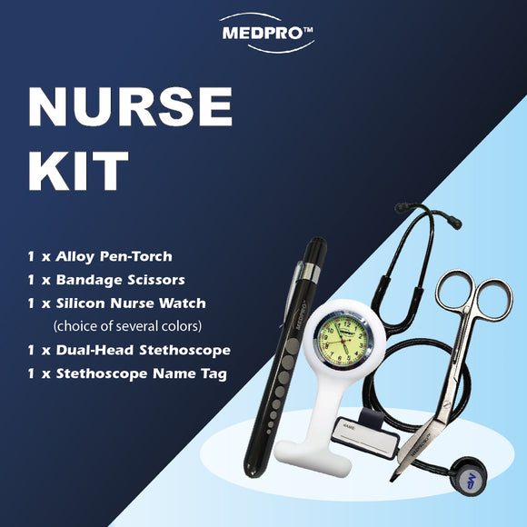 MEDPRO™ Nurse Kit: USB PenTorch + Nurse Brooch Watch (Choice of 4 colours) + Nursing Scissors with Clip Holder + Dual-Head Stethoscope
