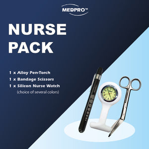 MEDPRO™ Nurse Pack: USB PenTorch + Nurse Brooch Watch (Choice of 4 colours) + Nursing Scissors with Clip Holder - MEDPRO™ Medical Supplies